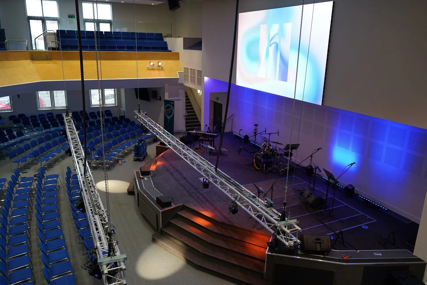 Stage and screen at Lansdowne Church seen from the seating