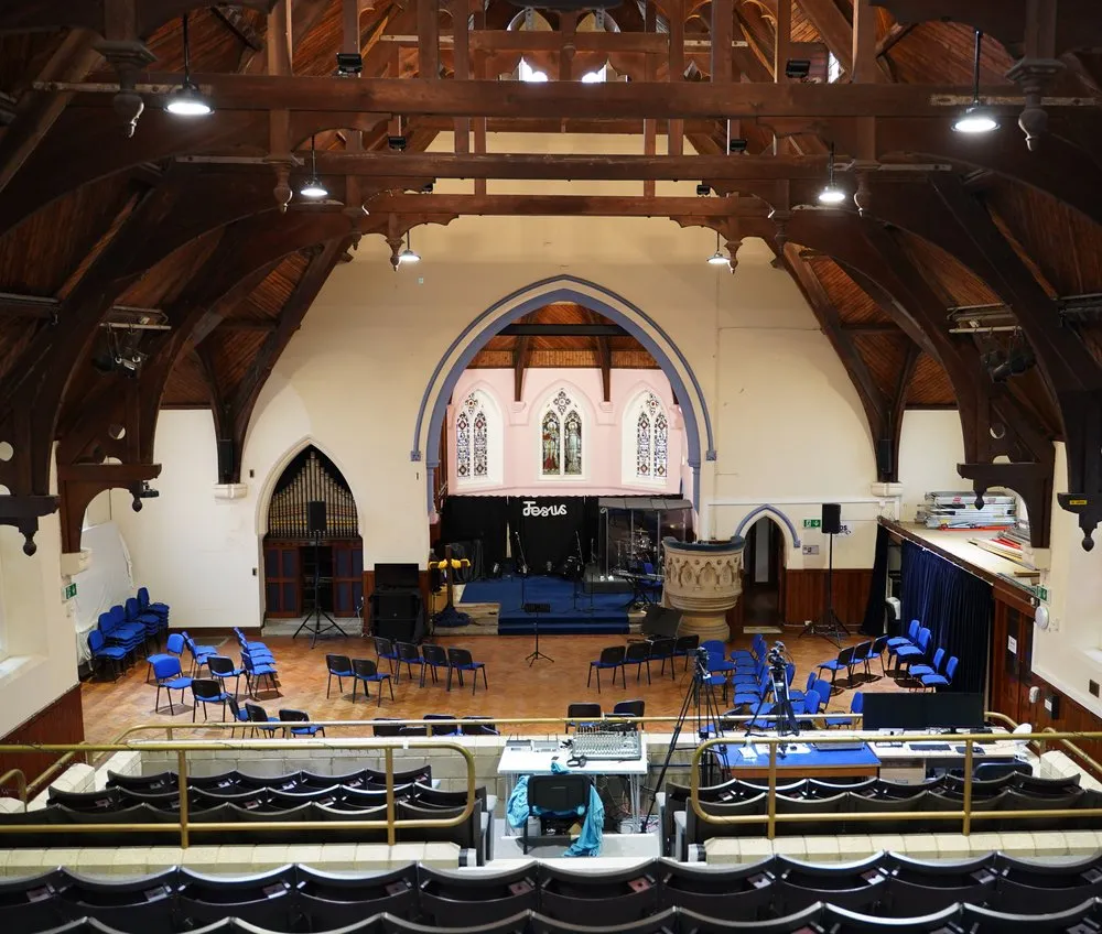 A church worship space with its installed AV system